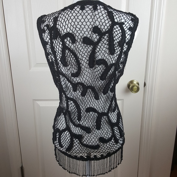 Vintage Black Beaded Crochet Vest with Fringe - Picture 2 of 8